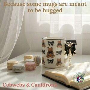 Cobwebs & Cauldrons Teddy Bear Mug – Ceramic Coffee Cup with Bow Keychain – 16oz
